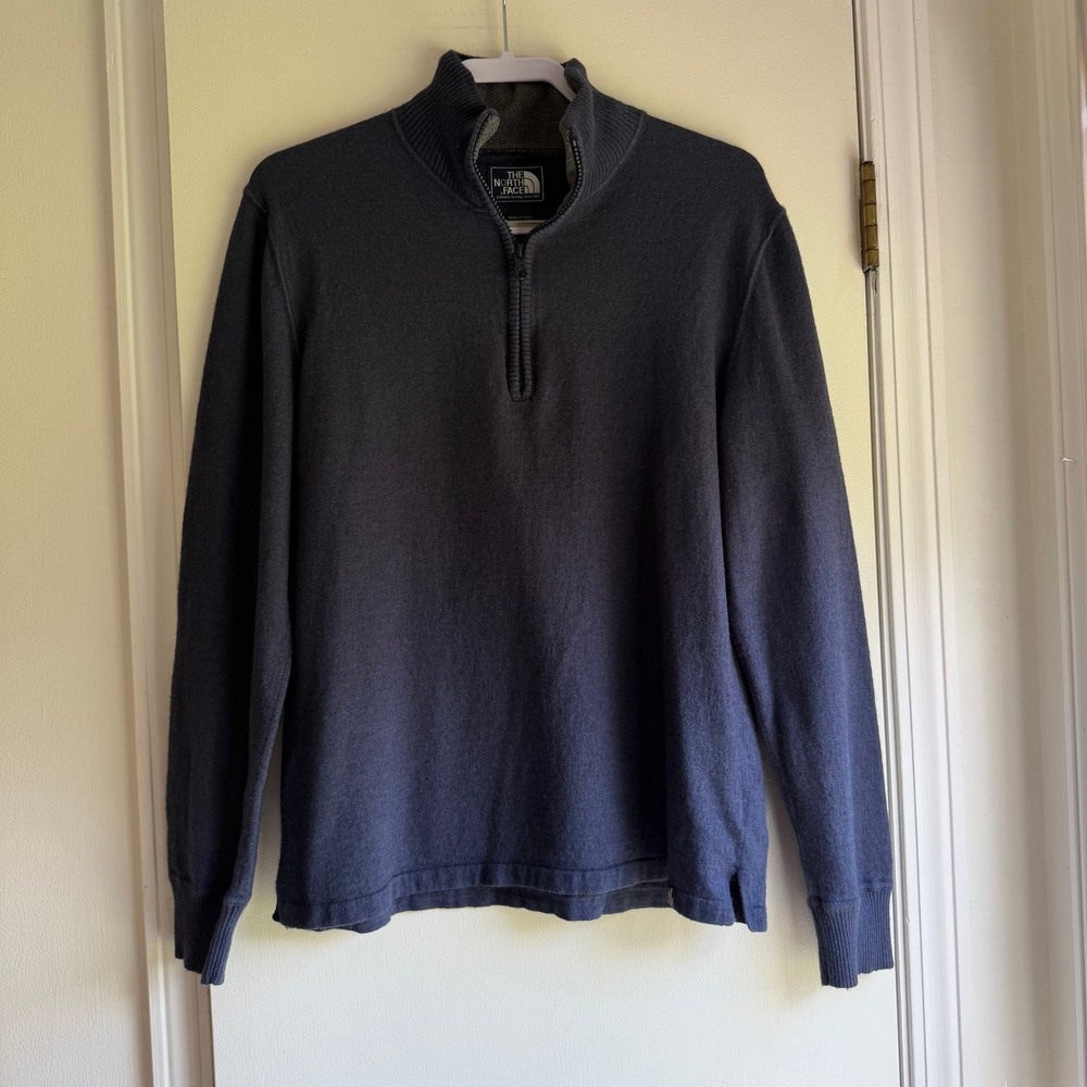 The North Face Mens Navy Blue Cotton Wool Blend Quarter Zip Sweater Large